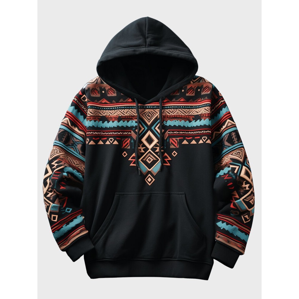 Mens Ethnic Geometric Print Kangaroo Pocket Drawstring Hoodies Winter Mens Ethnic Geometric Print Kangaroo Pocket Drawstring Hoodies Winter