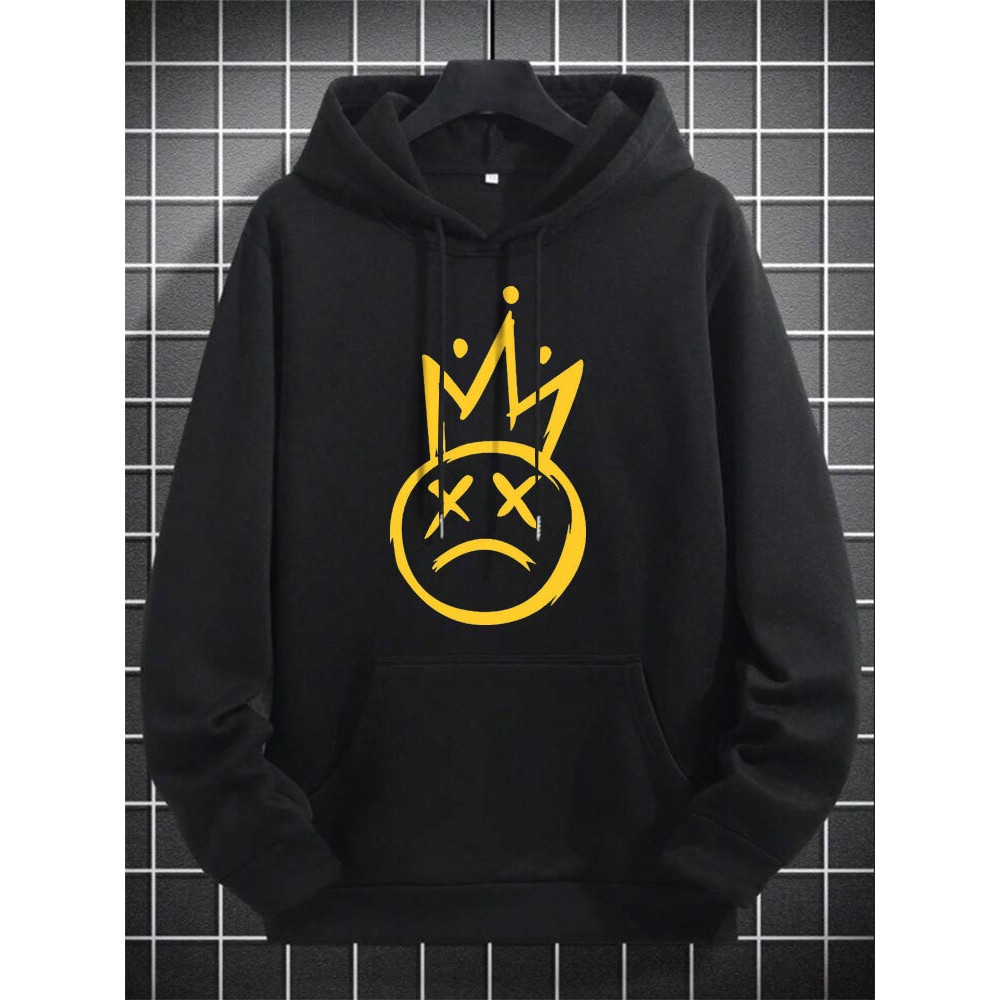 Mens Crown Smile Face Print Kangaroo Pocket Drawstring Hoodies Winter Mens Crown Smile Face Print Kangaroo Pocket Drawstring Hoodies Winter