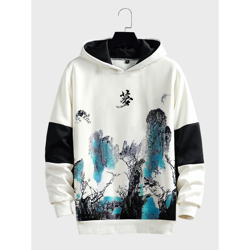 Mens Chinese Landscape Ink Painting Print Contrast Patchwork Hoodies Winter Mens Chinese Landscape Ink Painting Print Contrast Patchwork Hoodies Winter