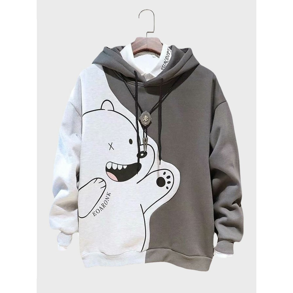 Mens Cartoon Animal Print Patchwork Casual Drawstring Hoodies Winter Mens Cartoon Animal Print Patchwork Casual Drawstring Hoodies Winter