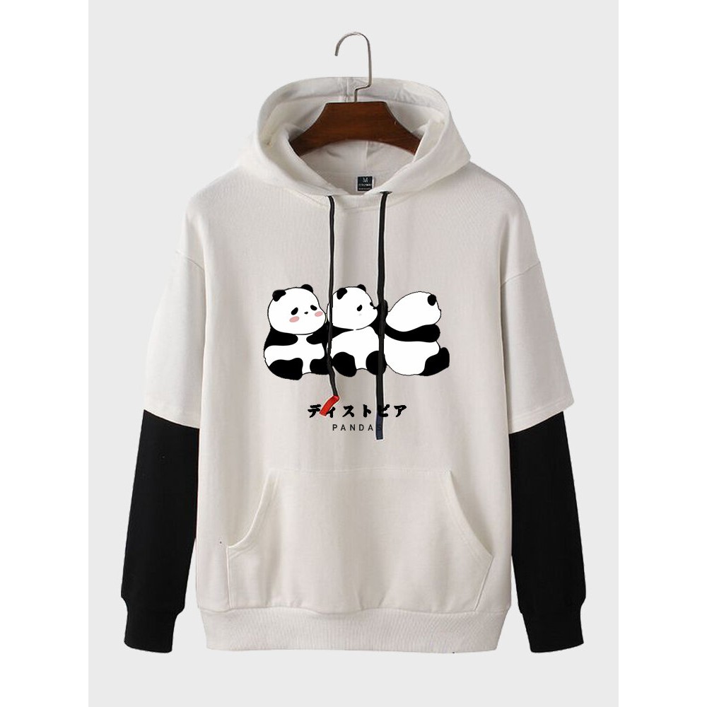 Mens Cute Panda Print Contrast Patchwork Drawstring Hoodies Winter Mens Cute Panda Print Contrast Patchwork Drawstring Hoodies Winter