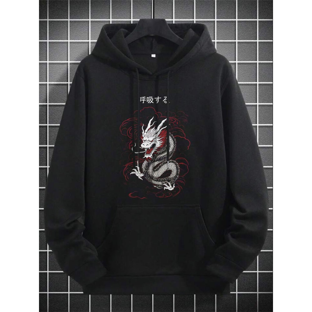 Mens Japanese Dragon Print Kangaroo Pocket Loose Drawstring Hoodies Winter Mens Japanese Dragon Print Kangaroo Pocket Loose Drawstring Hoodies Winter