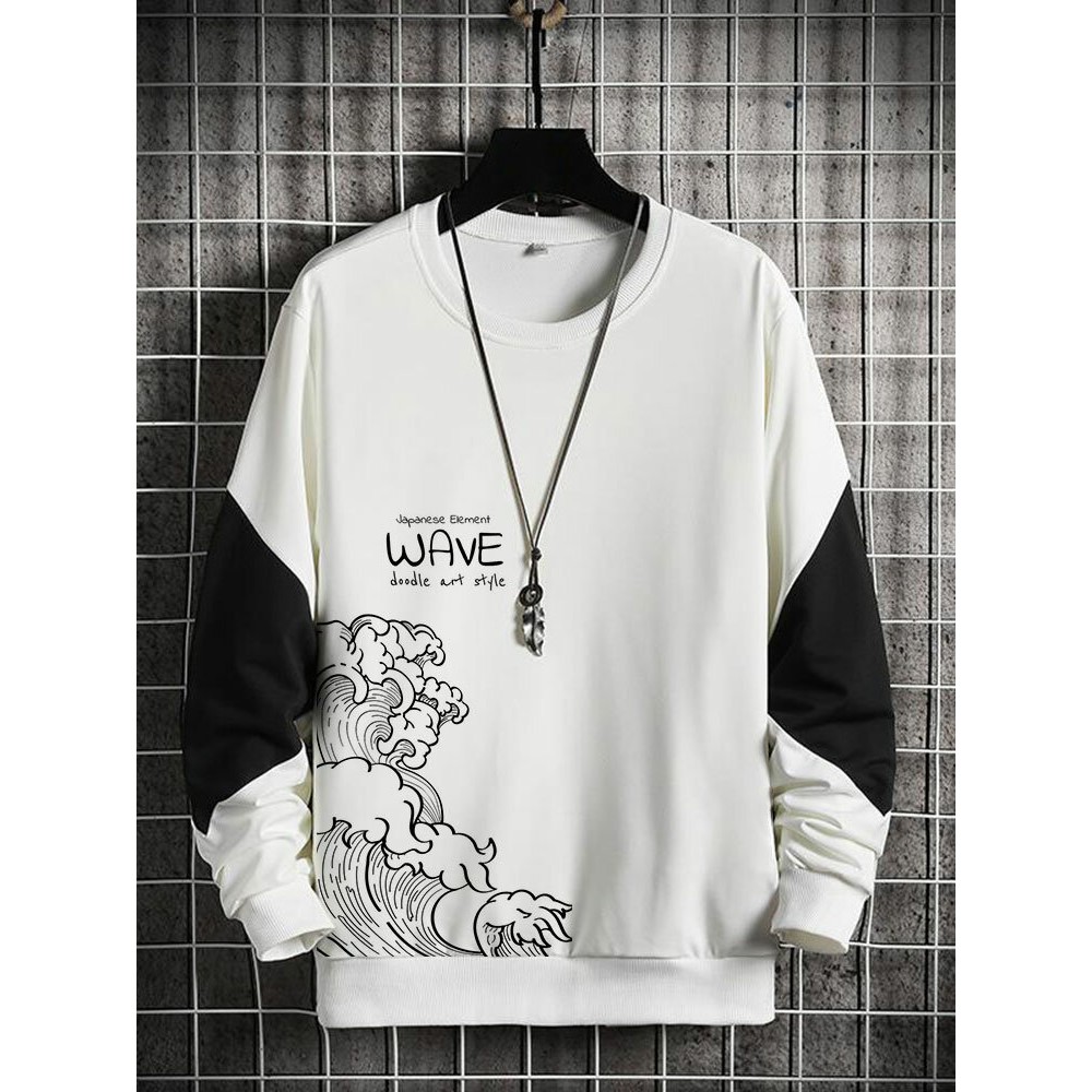 Mens Japanese Wave Print Contrast Patchwork Crew Neck Pullover Sweatshirts Winter Mens Japanese Wave Print Contrast Patchwork Crew Neck Pullover Sweatshirts Winter