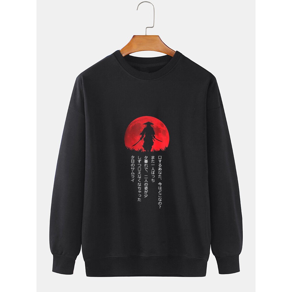 Mens Japanese Ninja Red Sun Print Crew Neck Pullover Sweatshirts Winter Mens Japanese Ninja Red Sun Print Crew Neck Pullover Sweatshirts Winter