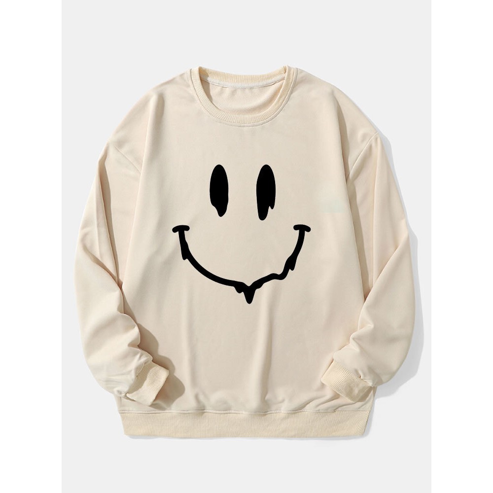 Mens Smile Face Print Crew Neck Casual Pullover Sweatshirts Winter Mens Smile Face Print Crew Neck Casual Pullover Sweatshirts Winter