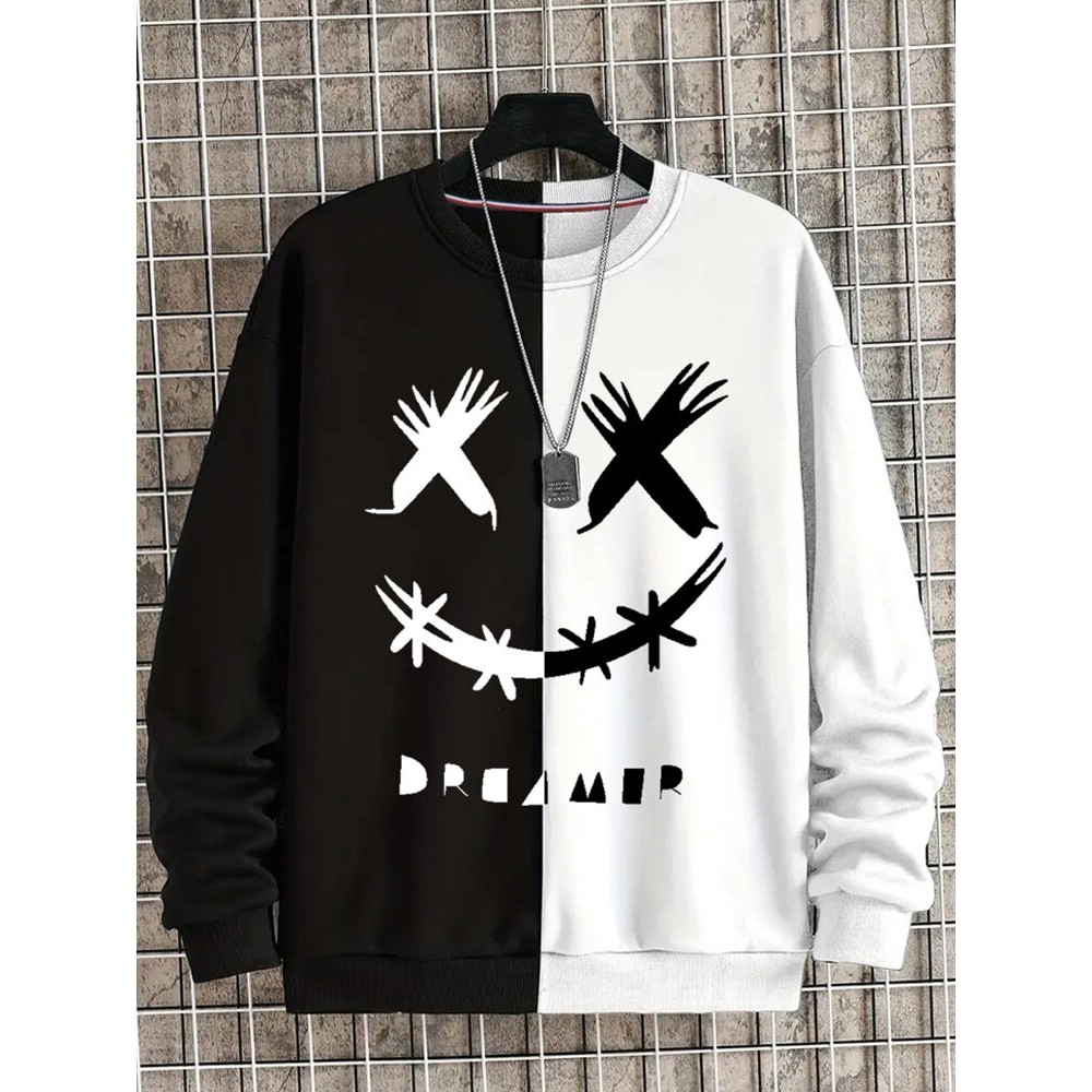 Mens Funny Smile Contrast Patchwork Crew Neck Pullover Sweatshirts Winter Mens Funny Smile Contrast Patchwork Crew Neck Pullover Sweatshirts Winter