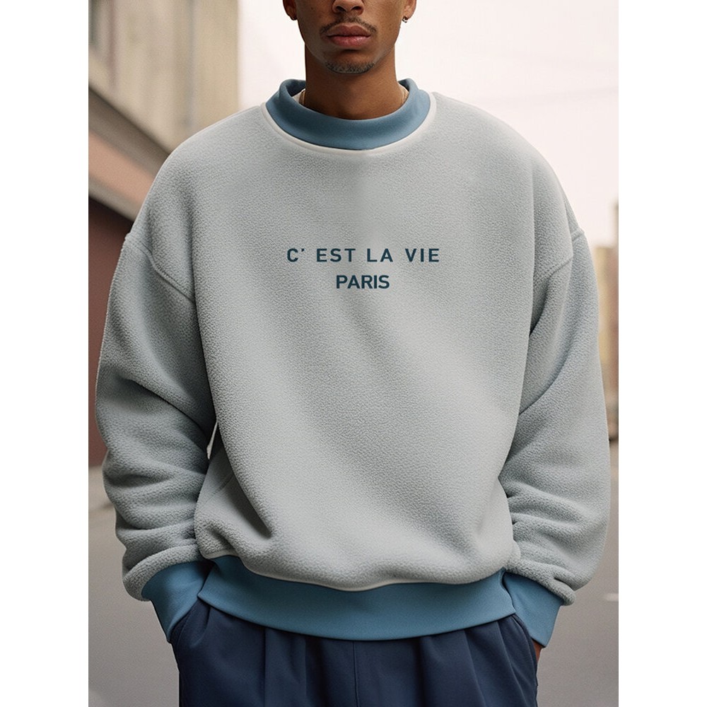 Mens Letter Print Contrast Crew Neck Fleece Pullover Sweatshirts Winter Mens Letter Print Contrast Crew Neck Fleece Pullover Sweatshirts Winter