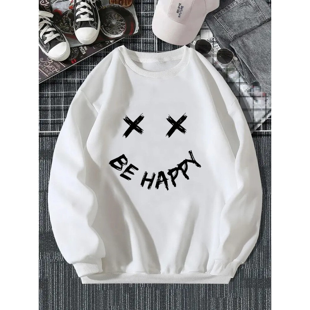 Mens Smile Slogan Print Crew Neck Casual Loose Pullover Sweatshirts Winter Mens Smile Slogan Print Crew Neck Casual Loose Pullover Sweatshirts Winter