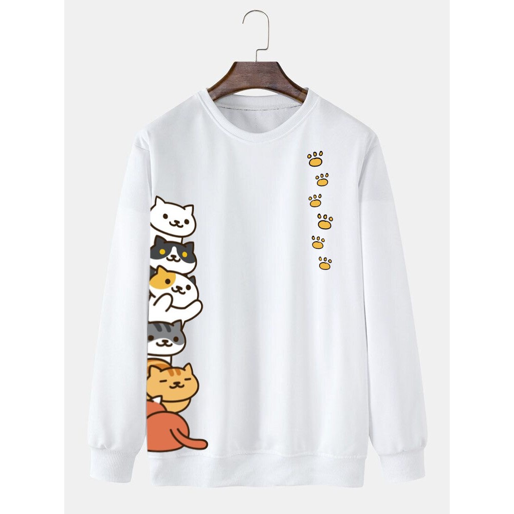 Mens Cute Cat Side Print Crew Neck Pullover Sweatshirts Winter Mens Cute Cat Side Print Crew Neck Pullover Sweatshirts Winter