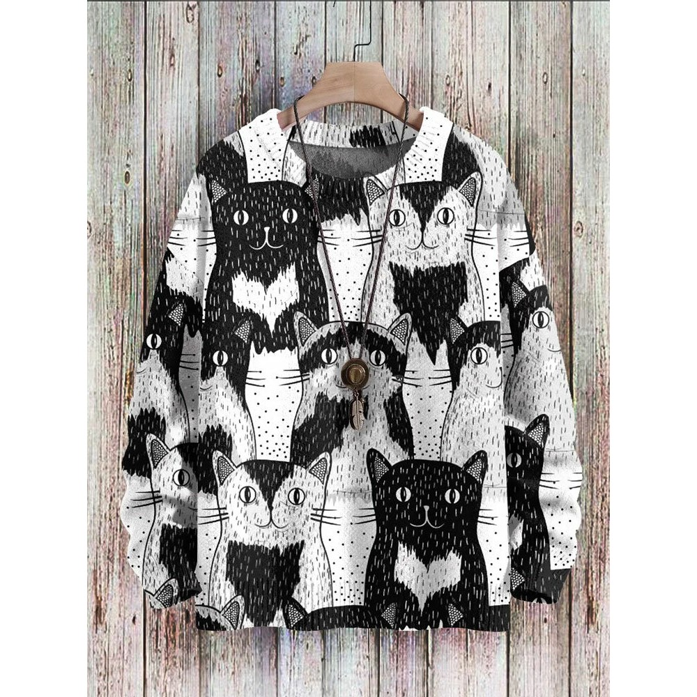 Mens Allover Cartoon Cat Print Crew Neck Pullover Sweatshirts Winter Mens Allover Cartoon Cat Print Crew Neck Pullover Sweatshirts Winter