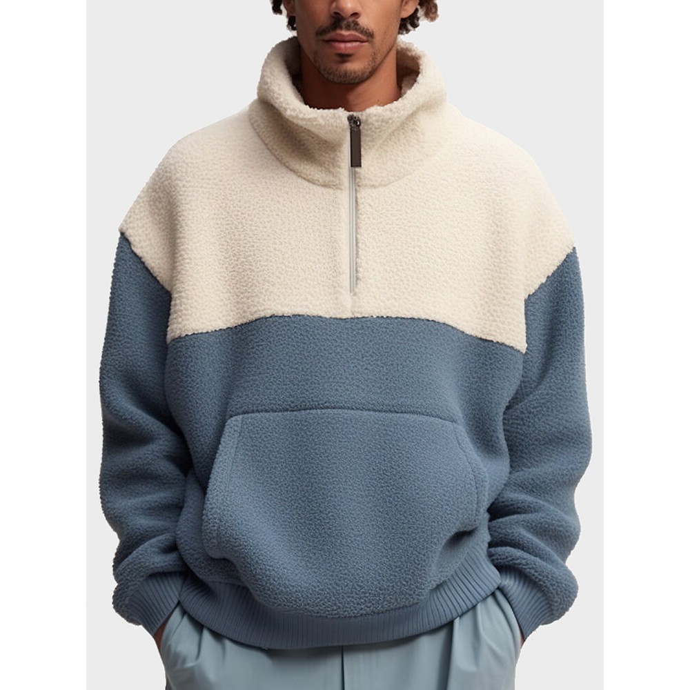 Mens Two Tone Patchwork Half Zip Fleece Pullover Sweatshirts Winter Mens Two Tone Patchwork Half Zip Fleece Pullover Sweatshirts Winter