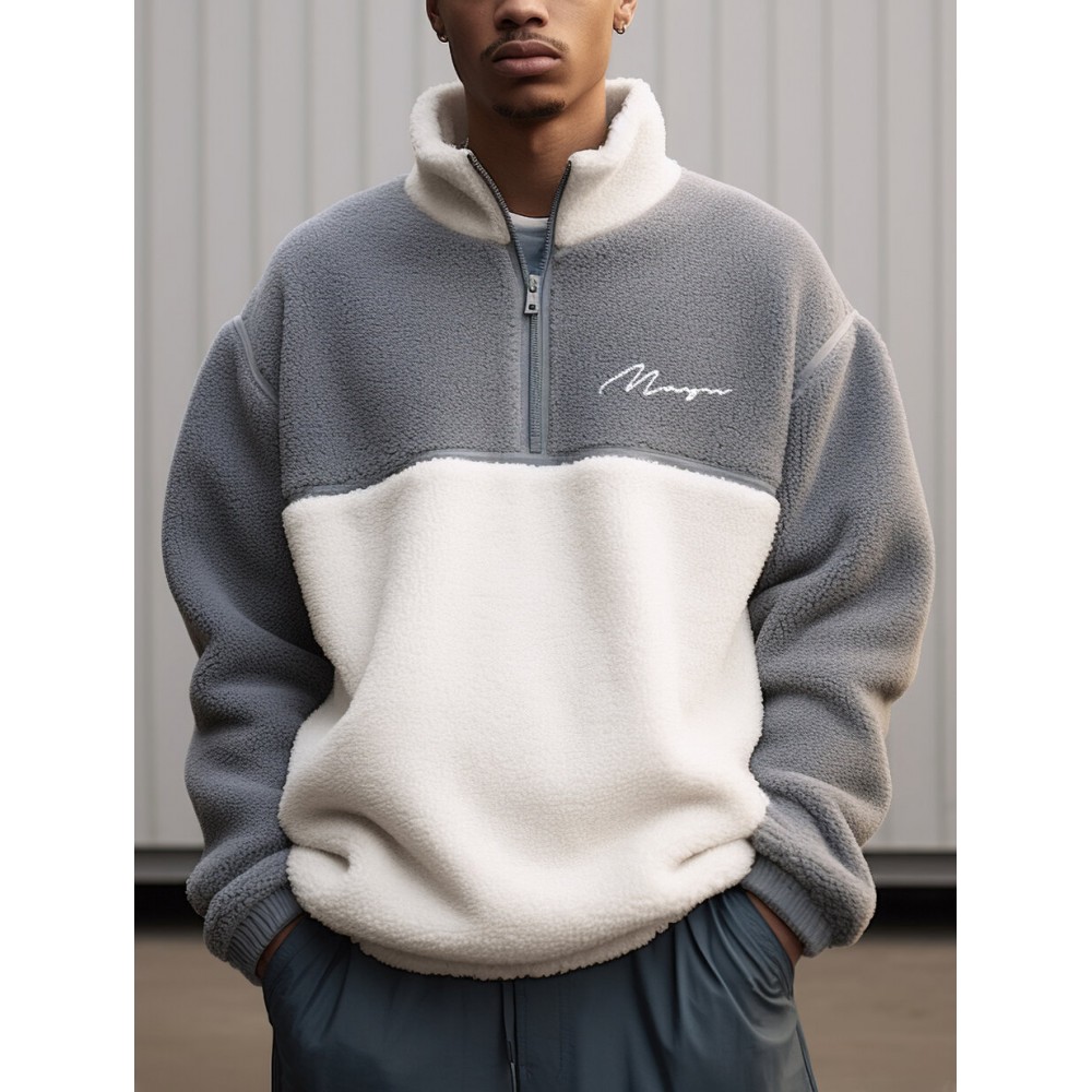 Mens Contrast Patchwork Embroidered Half Zip Fleece Pullover Sweatshirts Winter Mens Contrast Patchwork Embroidered Half Zip Fleece Pullover Sweatshirts Winter