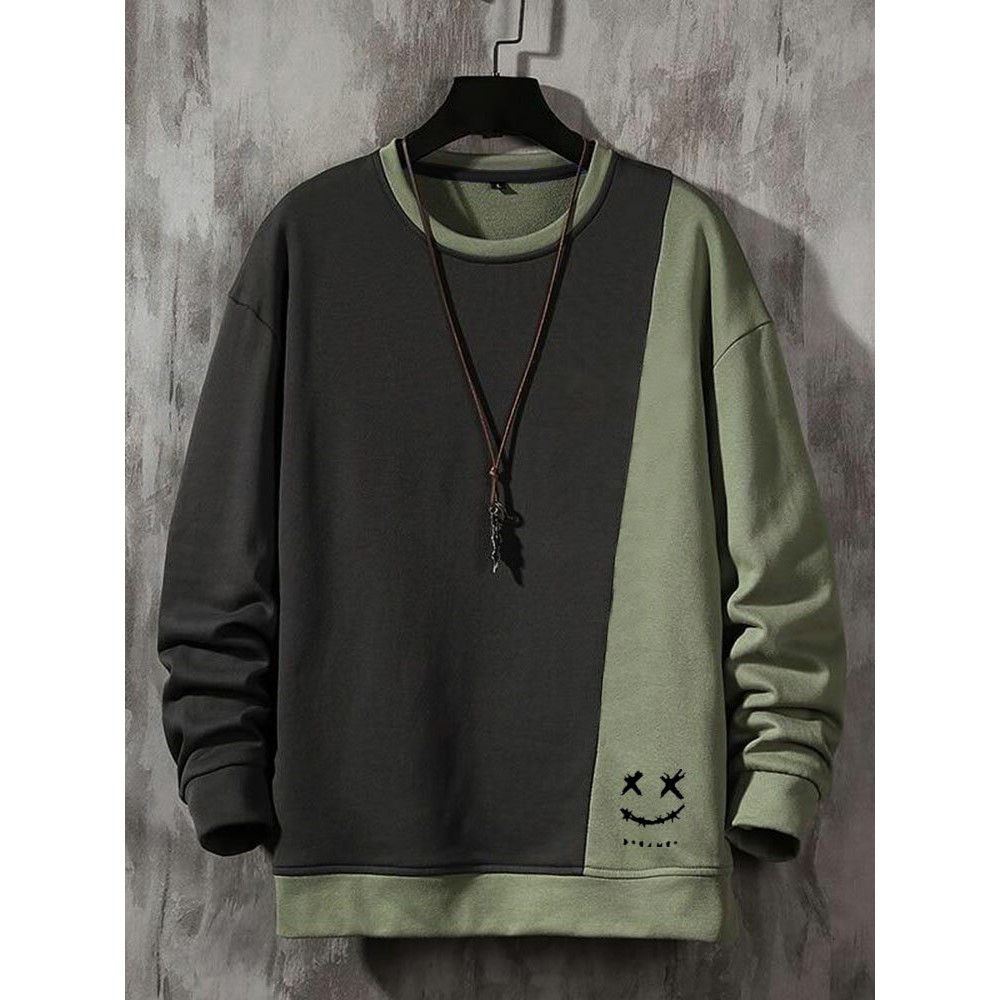 Mens Smile Print Two Tone Patchwork Pullover Sweatshirts Winter Mens Smile Print Two Tone Patchwork Pullover Sweatshirts Winter