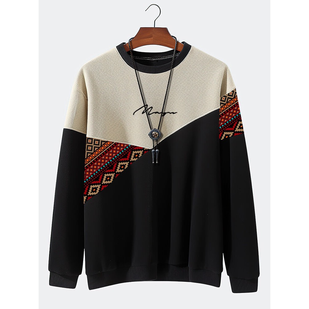 Mens Ethnic Geometric Print Patchwork Crew Neck Pullover Sweatshirts Winter Mens Ethnic Geometric Print Patchwork Crew Neck Pullover Sweatshirts Winter