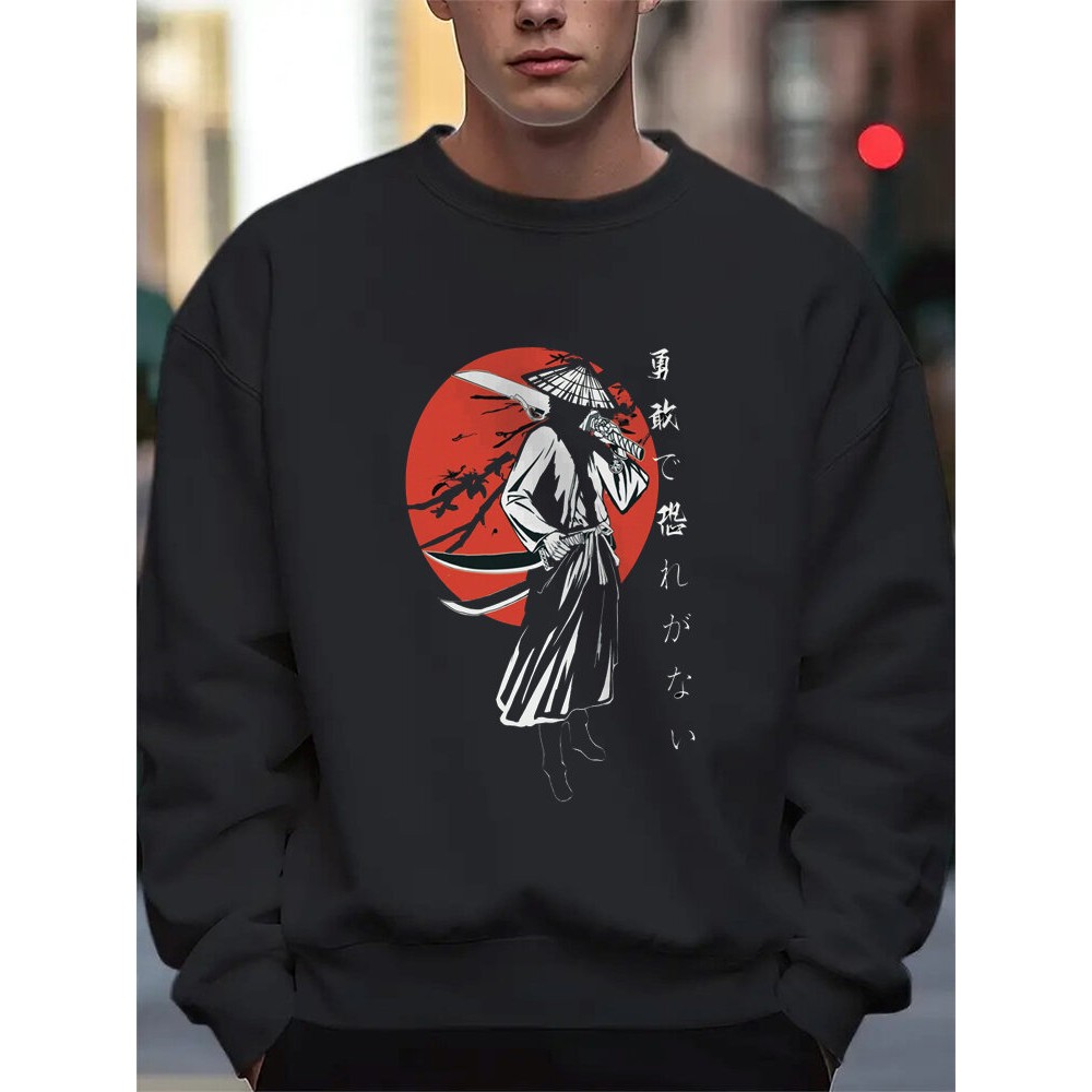 Mens Japanese Ninja Print Crew Neck Loose Pullover Sweatshirts Winter Mens Japanese Ninja Print Crew Neck Loose Pullover Sweatshirts Winter
