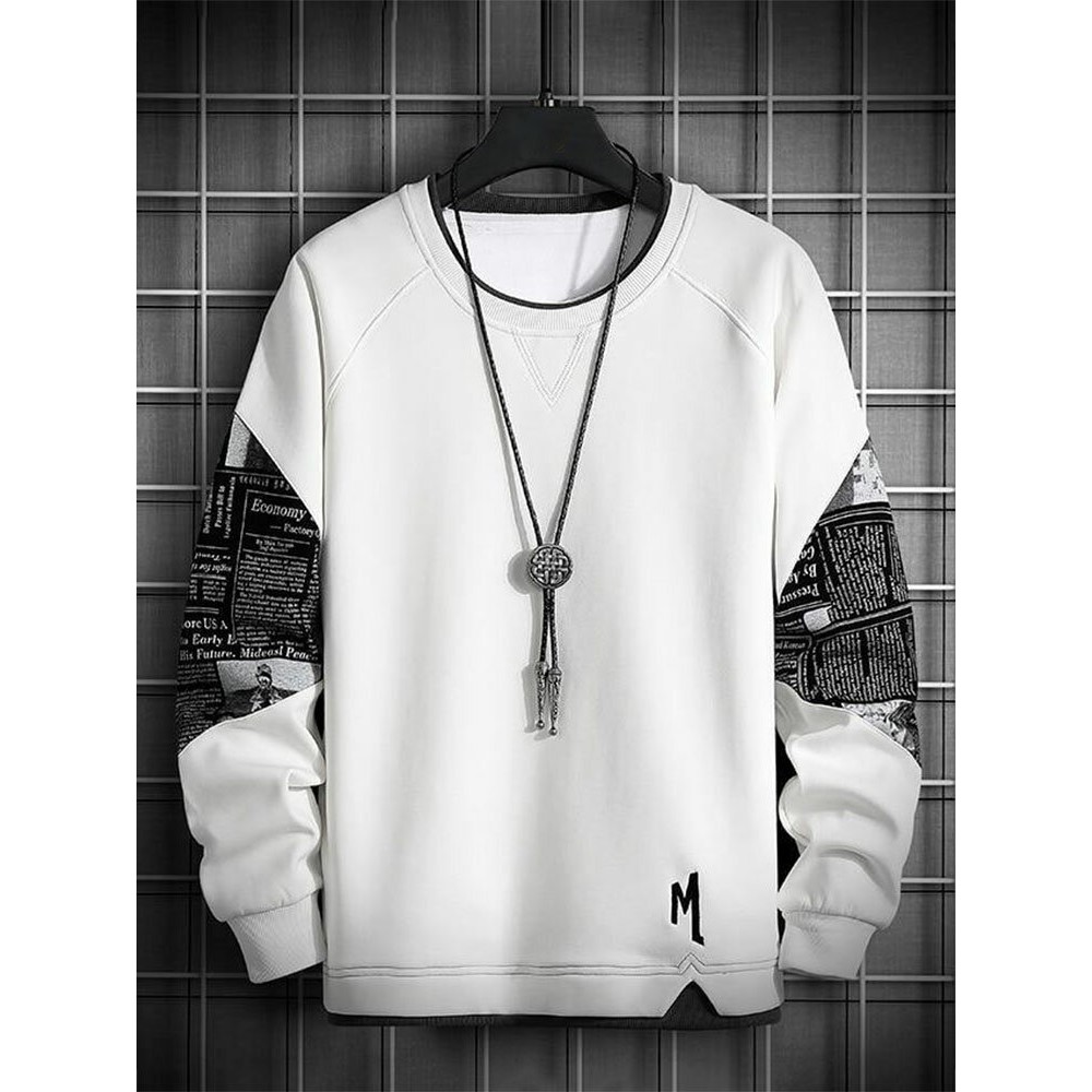 Mens Newspaper Print Patchwork Crew Neck Pullover Sweatshirts Winter Mens Newspaper Print Patchwork Crew Neck Pullover Sweatshirts Winter