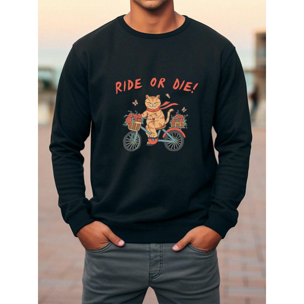 Mens Cartoon Ride Cat Print Crew Neck Pullover Sweatshirts Winter Mens Cartoon Ride Cat Print Crew Neck Pullover Sweatshirts Winter