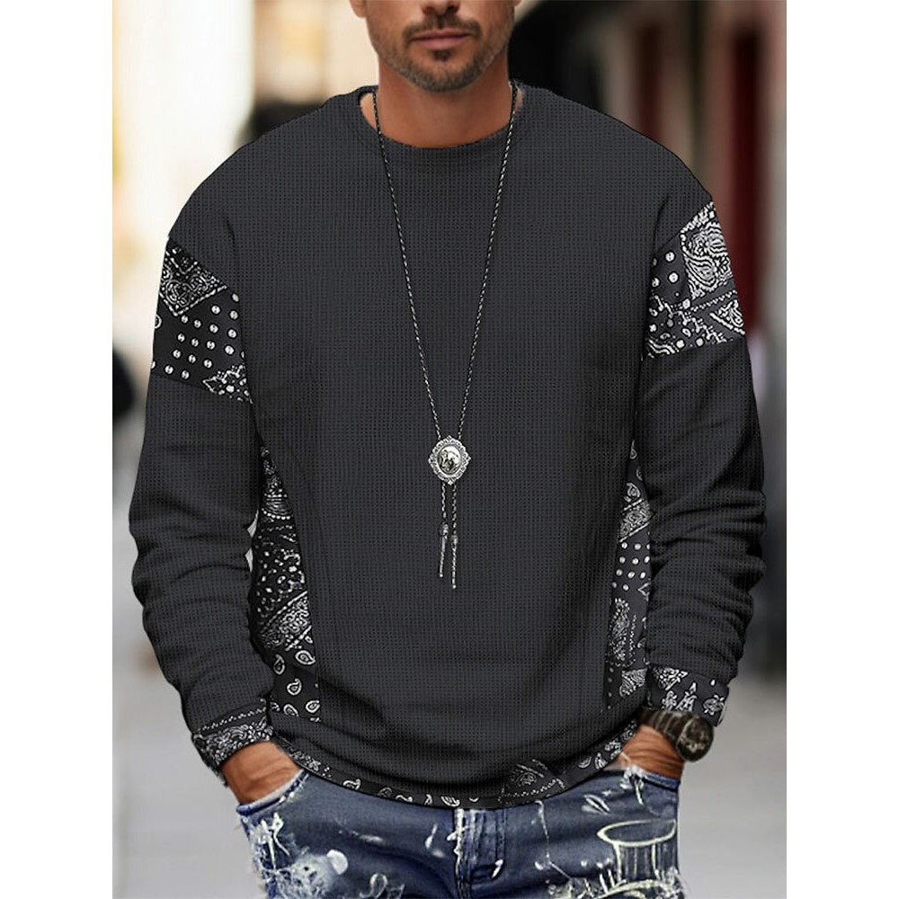 Mens Ethnic Paisley Print Patchwork Texture Crew Neck Pullover Sweatshirts Winter Mens Ethnic Paisley Print Patchwork Texture Crew Neck Pullover Sweatshirts Winter